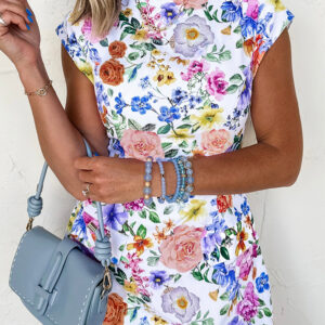 Sky Blue Vibrant Floral Print Cap Sleeve Mini Dress