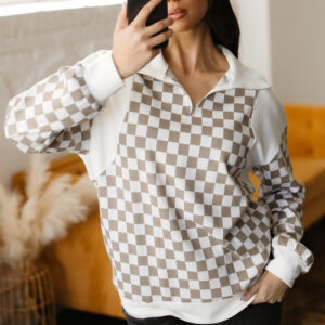Khaki Checkered Print Quarter Zip Ribbed Patchwork Loose Sweatshirt