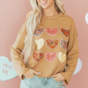 Straw Yellow Plaid Floral Heart Stitched Exposed Seam Mineral Wash Sweatshirt