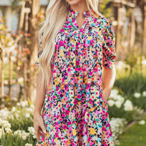 Pink Floral Puff Short Sleeve V Neck Mini Dress