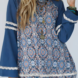 Blue Geometric Printed Lace Patchwork Ric Rac Raglan Long Sleeve Top