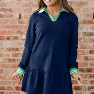 Navy Blue Contrast Striped Cuffs Polo Collar Patchwork Long Sleeve Ruffle Hem Mini Dress