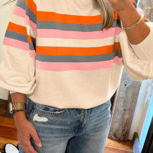 Beige Stripe Puff Sleeve Casual Pullover Sweatshirt