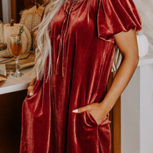 Cinnamon Velvet Smocked Neckline Puff Sleeve Shift Mini Dress