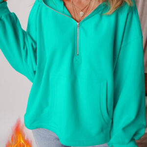 Aruba Blue Fleece Lined Half Zipper Kangaroo Pockets Loose Hoodie