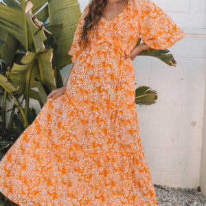 Orange Floral Print Smocked V Neck Wide Sleeve Maxi Dress