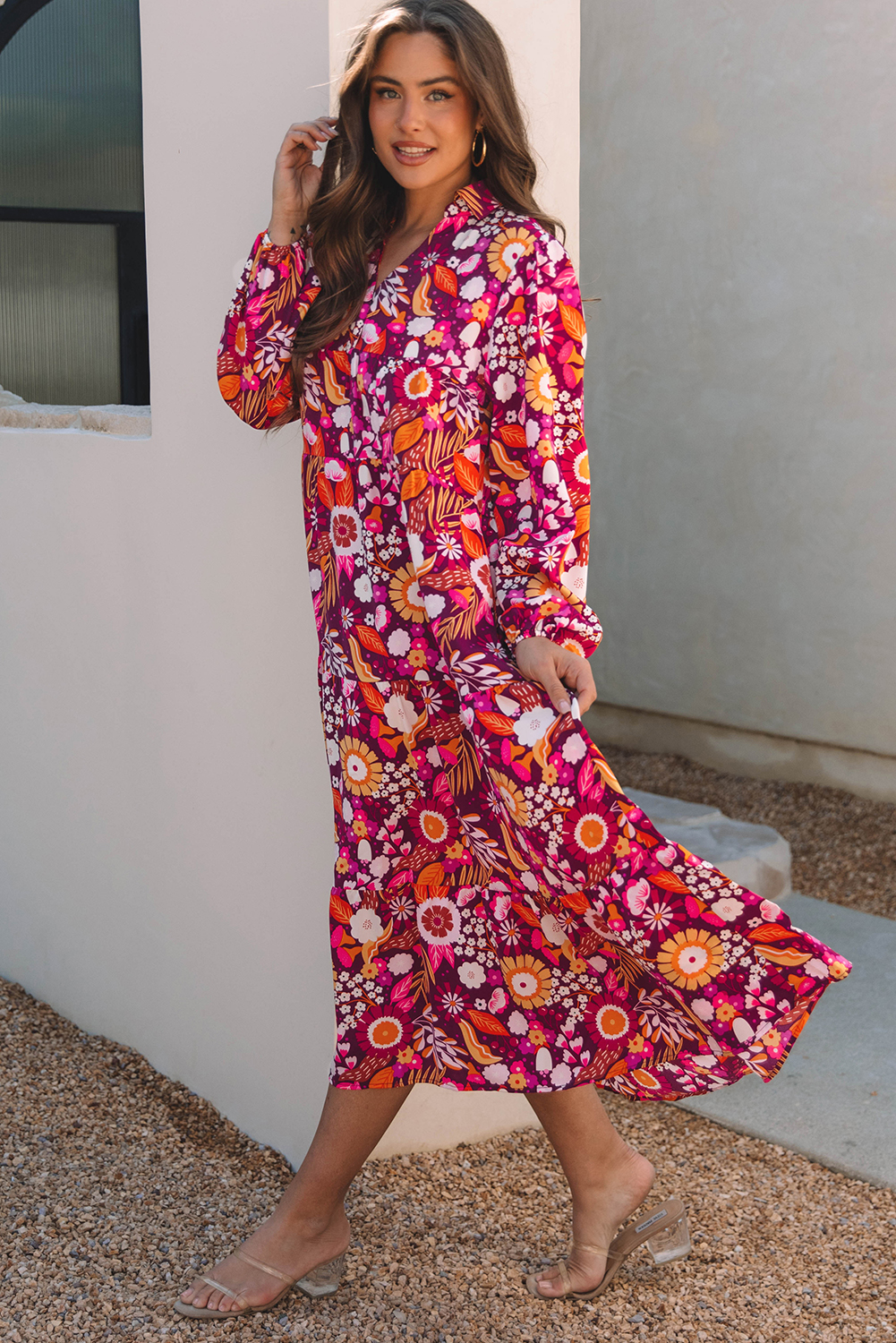 Purple Collared Tiered Flowy Long Dress - Image 3
