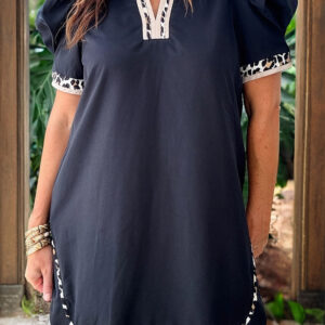 Black Leopard Trim Notched Neck Short Puff Sleeve Shift Mini Dress