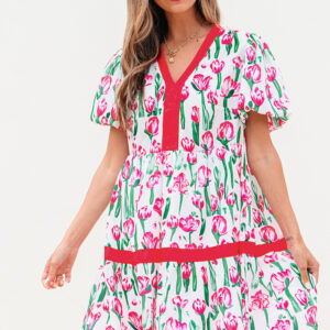 Pink Floral Print Contrast Trim V Neck Bubble Short Sleeve Babydoll Dress