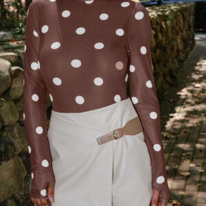 Brown Vintage Polka Dot Print Mesh Long Sleeve Bodysuit