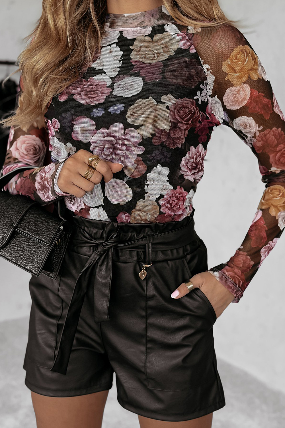 Pink Mesh Floral Print Mock Neck Long Sleeve Slim Top - Image 8