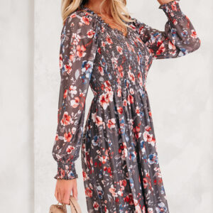 Brown Frilly Smocked Bodice Floral Mesh Long Sleeve Mini Dress