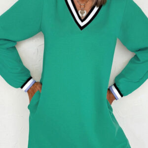Mint Green Varsity Contrast Striped V Neck Long Sleeve T Shirt Dress with Pockets