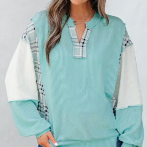 Aruba Blue Corded Texture Colorblock Patchwork Split Neck Long Sleeve Top