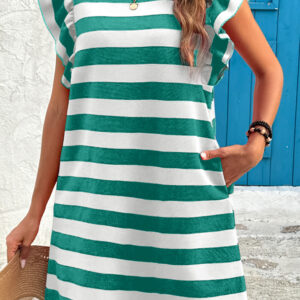 Green Stripe Flutter Sleeve Round Neck Shift Dress