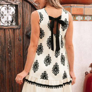 Beige Geometric Printed Sleeveless Hollowed Bowknot Back Mini Dress