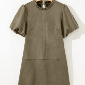 Moss Green Frilled Round Neck Short Puff Sleeve Shift Mini Dress