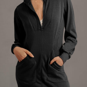 Black Zip up Collared Ribbed Patchwork Sweatshirt Dress with Pockets