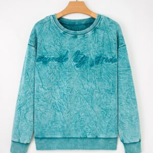 Sea Green saved by grace Letter Embroidery Mineral Wash Loose Sweatshirt