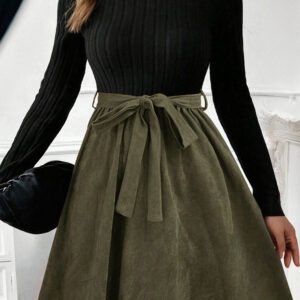 Black Ribbed Knit Slim Bodice Contrast Flared Skirt Patchwork Belted Dress