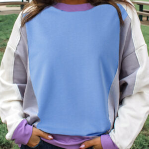 Blue Exposed Seam Colorblock Patchwork Ribbed Trim Pullover Sweatshirt