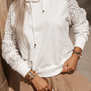 White Lace Patchwork Sleeve Drawstring Hoodie
