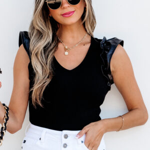 Black Leatherette Ruffle Patchwork Ribbed V Neck Bodysuit
