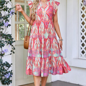 Rose Tribal Paisley Print Ruffled Sleeve Notch Neck Midi Dress