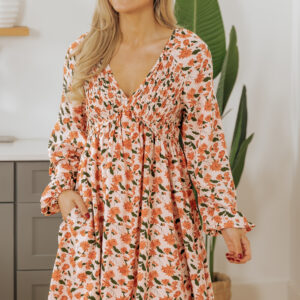 Beige Floral Deep V Neck Smocked Bust Bubble Sleeve Babydoll Dress