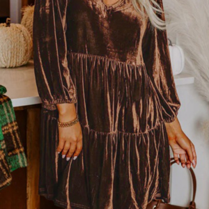 Chicory Coffee Solid Color Velvet V Neck Long Sleeve Tiered Mini Dress