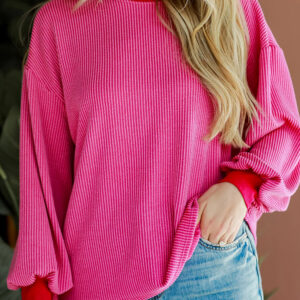 Bright Pink Corded Contrast Edge Drop Shoulder Long Sleeve Top