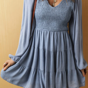 Ashleigh Blue Long Sleeve V Neck Smocked Tiered Mini Dress
