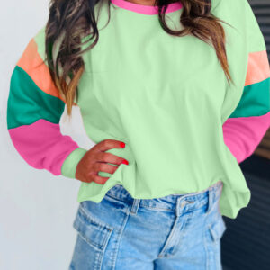 Green Colorblock Patchwork Long Sleeve Loose Top