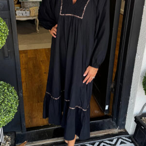 Black Collared V Neck Smocked Detail Contrast Leopard Trim Bracelet Sleeve Long Dress