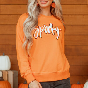 Grapefruit Orange Spooky Graphic Halloween Crew Neck Holiday Sweatshirt