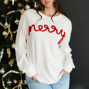 White Merry Tinsel Letter Embroidery Ribbed Drop Shoulder Sweatshirt
