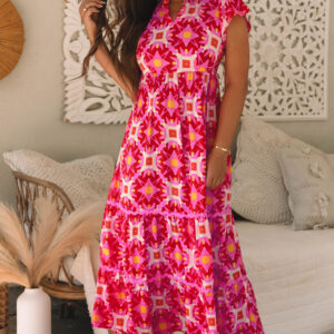 Strawberry Pink Geo Print V-neck Maxi Dress