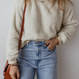 White Contrast Ribbed Edge Plush Hoodie