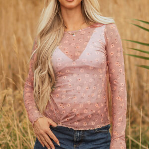 Pink Vintage Floral Print Southern Style Mesh Long Sleeve Top