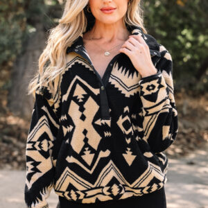 Black Western Aztec Half Placket Plush Sweatshirt