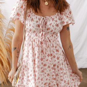 Pink Front Tie Shirred Waist Short Sleeve Ruffled Floral Mini Dress