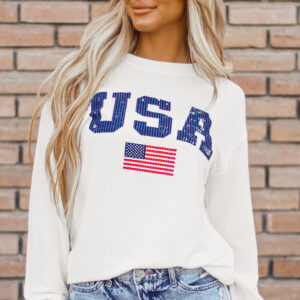 White USA Flag Corded Graphic Sweatshirt