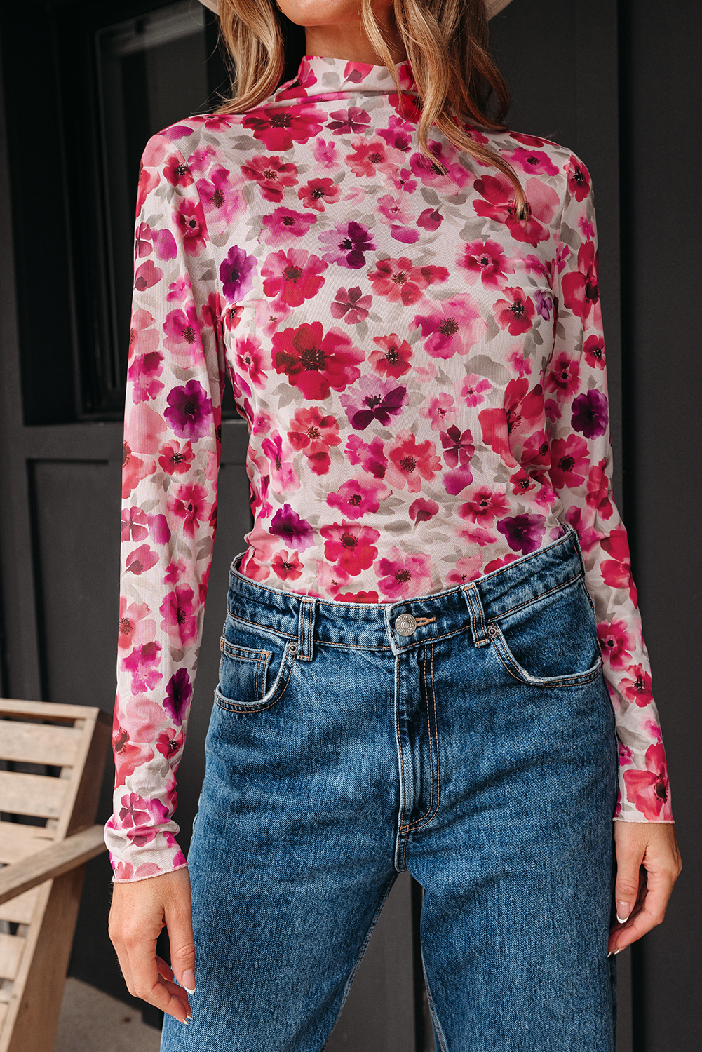 Red Floral Print Long Sleeve Slim Fit Mesh Top - Image 6