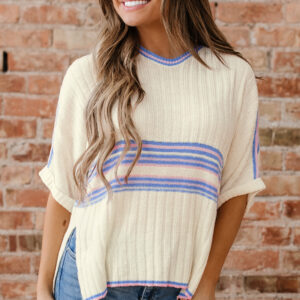 White Striped V Neck Dolman Sleeve Rib Knit Oversized Sweater with Slits