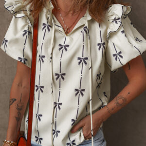 Beige Bow Printed Ruffled Bubble Sleeve Tied Notched V Neck Blouse