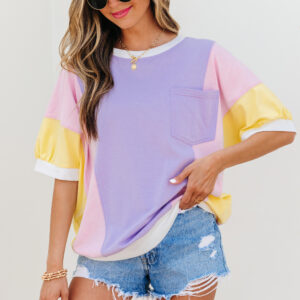 Purple Color Block Patchwork Half Sleeve Oversized T Shirt