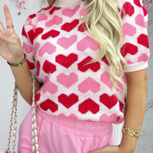 Sachet Pink 2-tone Heart Print Valentine Crew Neck Short Sleeve Sweater