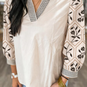 White Floral Puff Sleeve Contrast V Neck Patchwork Blouse