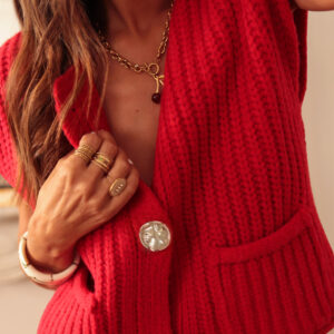 Fiery Red Solid Textured Knit Side Pockets Buttoned Sweater Vest