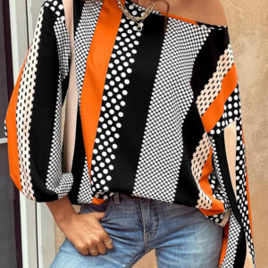 Orange Polka Dot Vertical Striped Printed Puff Sleeve Blouse